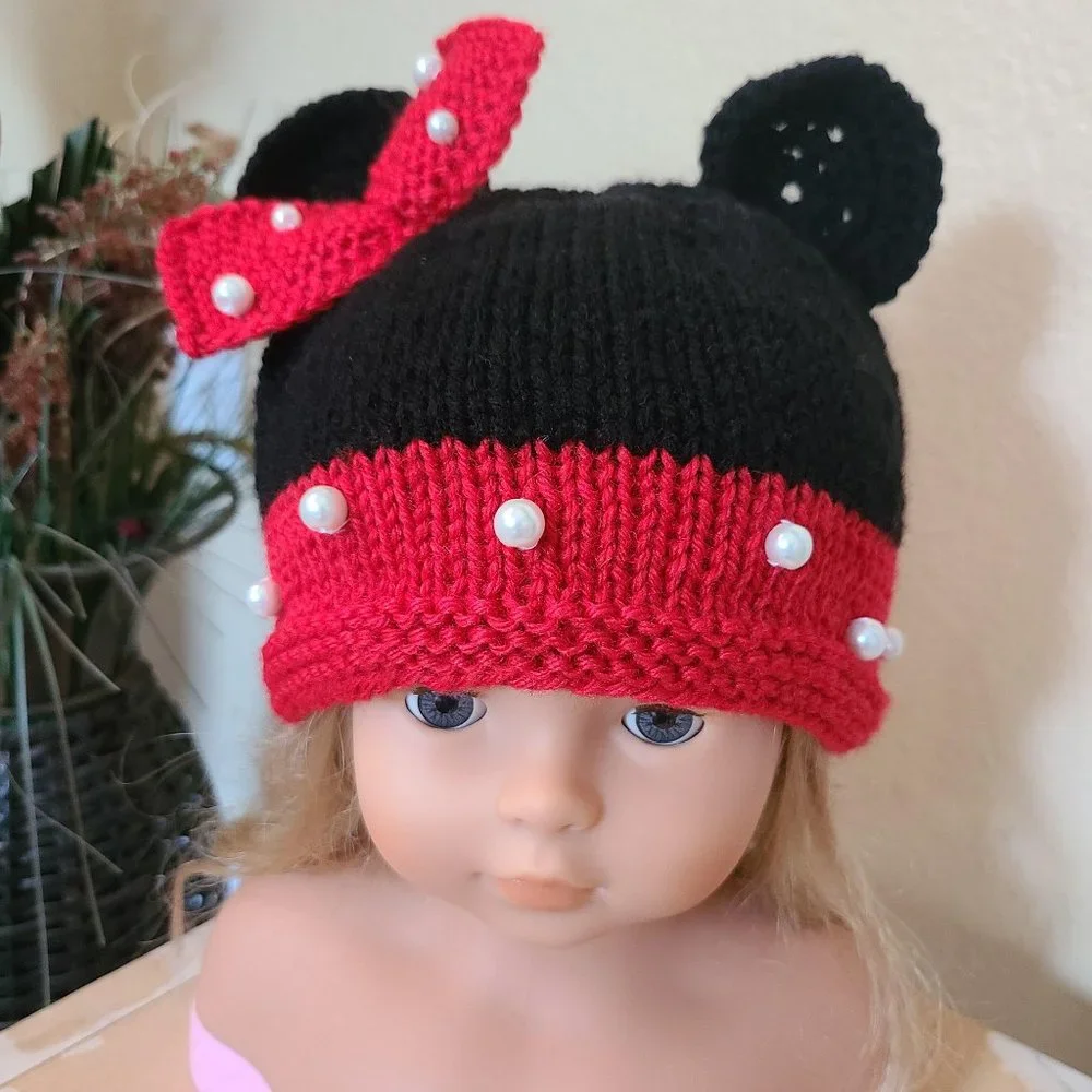 Minnie Mouse inspired Baby Infant Girl Knit Hat Red Black Size 3-6 M Photo Prop